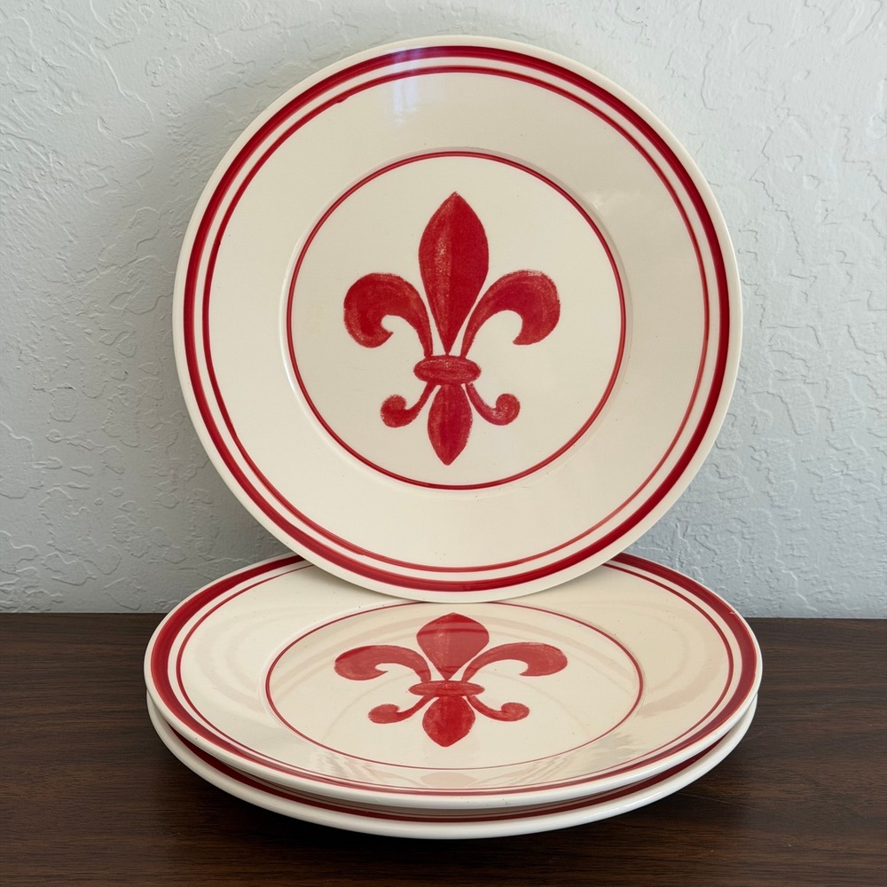 Lot of Three Fleur‎ De Lis William Sonoma Plates Red 8" Salad Plate
